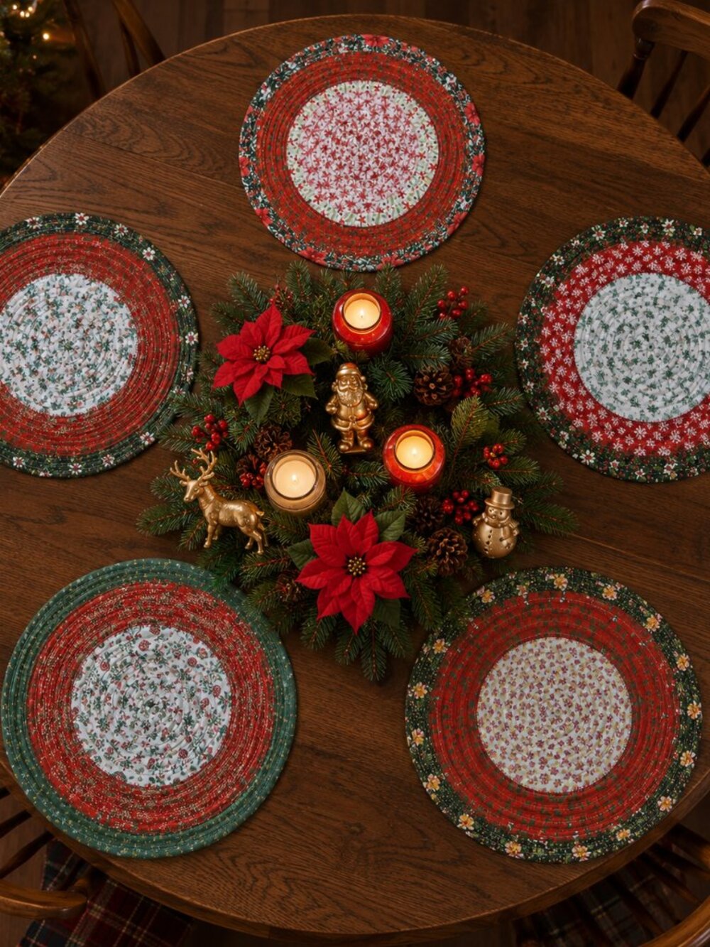 Traditional Christmas Round Jelly Roll Placemats Set of 5